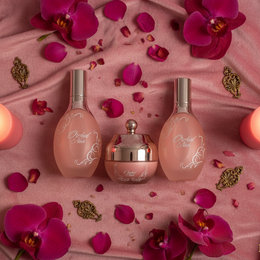Three perfume bottles on a pink fabric background with candles and flowers, featuring the brand 'MA BEAUTY'.