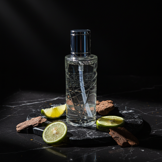 Clear glass bottle with a dark cap on a black surface with lime slices and brown leaves.