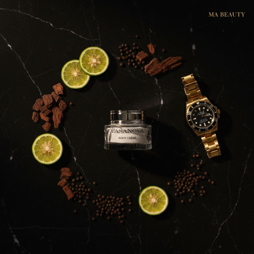 Ceramic jar, gold watch, and sliced limes on a dark surface with 'MA BEAUTY' branding.