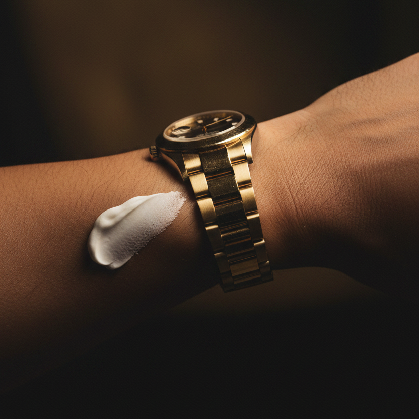 Gold watch on a wrist with a dark background