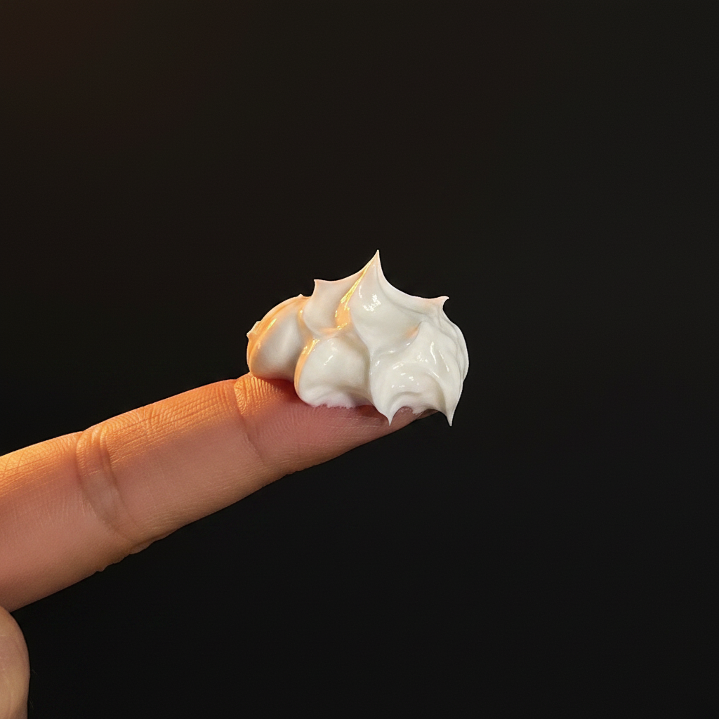 Hand holding a dollop of white cream against a black background