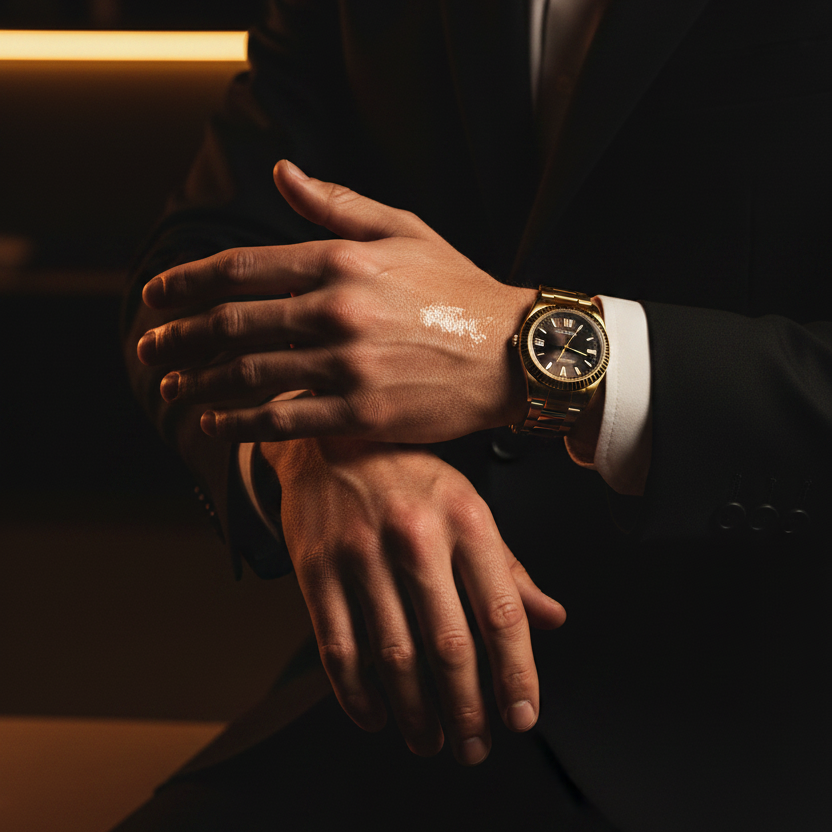Person wearing a gold watch with a dark suit and white shirt.