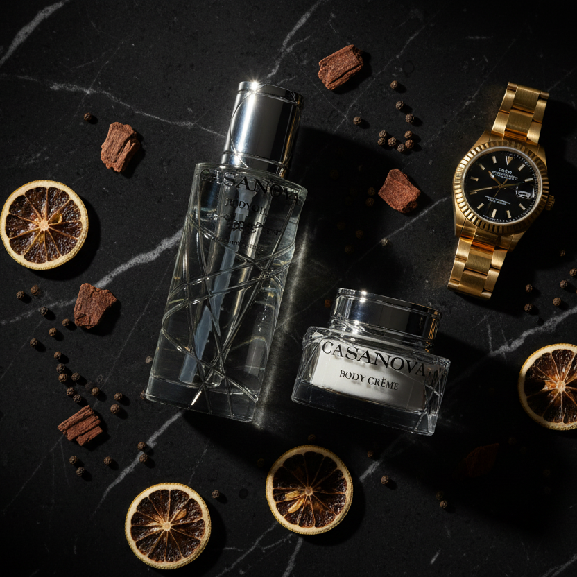 Perfume bottle, Casanova body cream, and gold watch on a dark surface with dried oranges and spices.