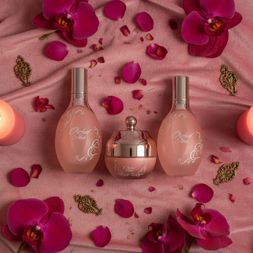 Three perfume bottles on a pink fabric background with candles and flowers, featuring the brand 'MA BEAUTY'.