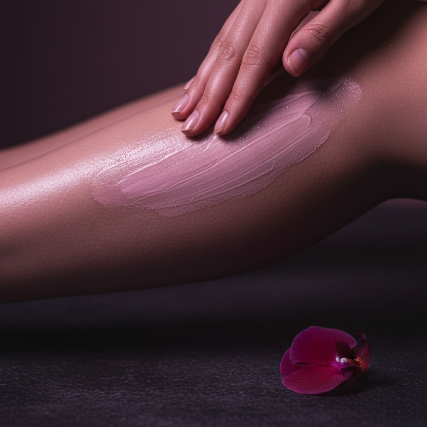 Hand applying a white cream or lotion to a leg with a dark background and a pink flower petal.