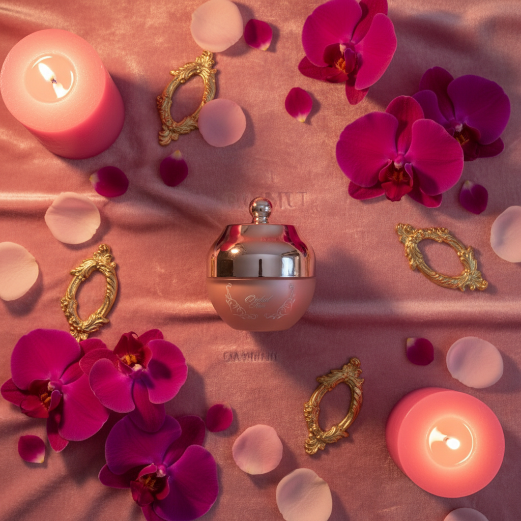 Perfume bottle with pink candles and flowers on a pink background