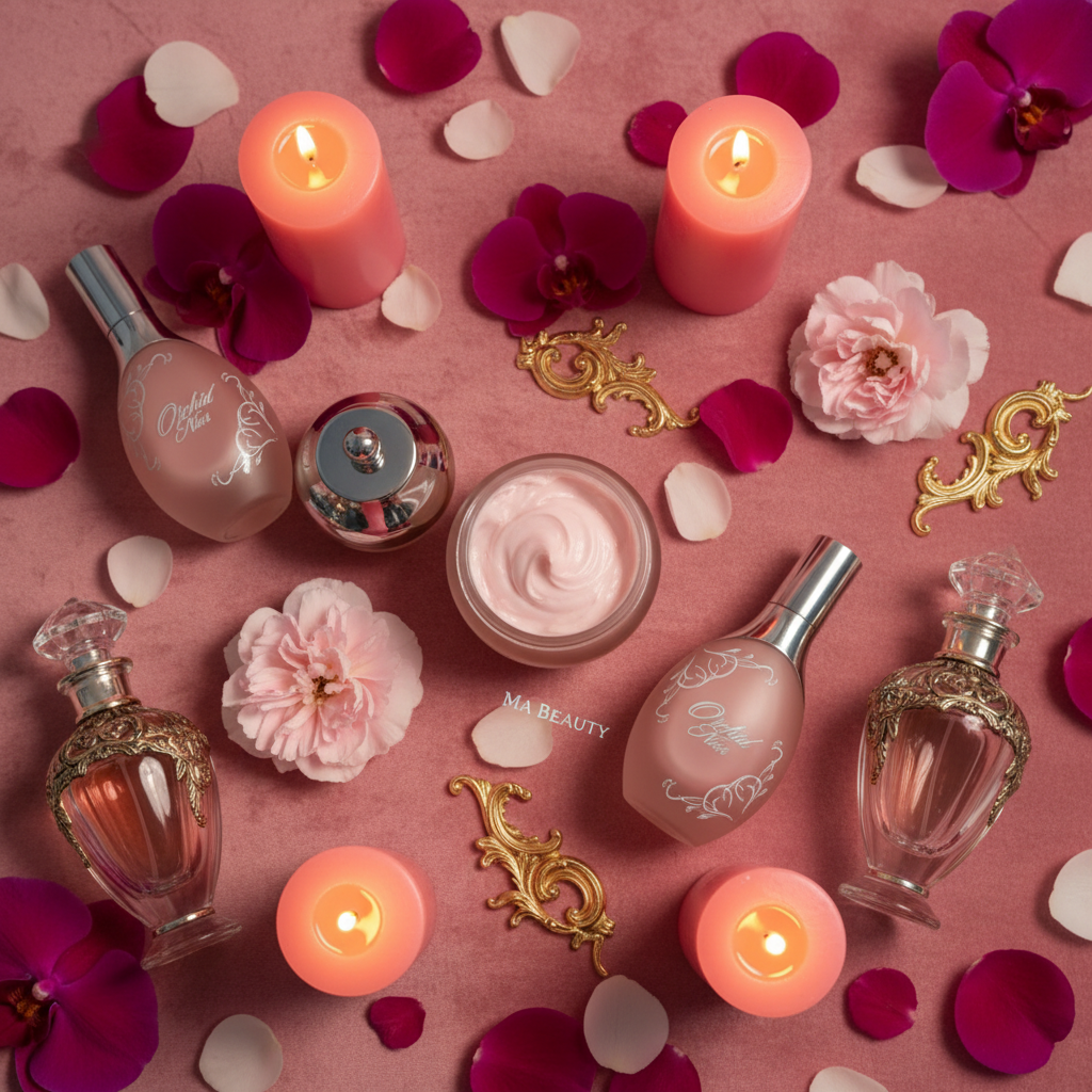 Beauty products including candles, flowers, and skincare items on a pink background