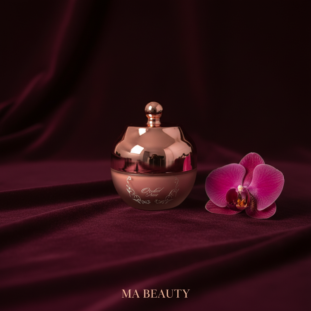 Rose gold beauty product with a pink orchid on a dark red fabric background, featuring 'MA BEAUTY' branding.