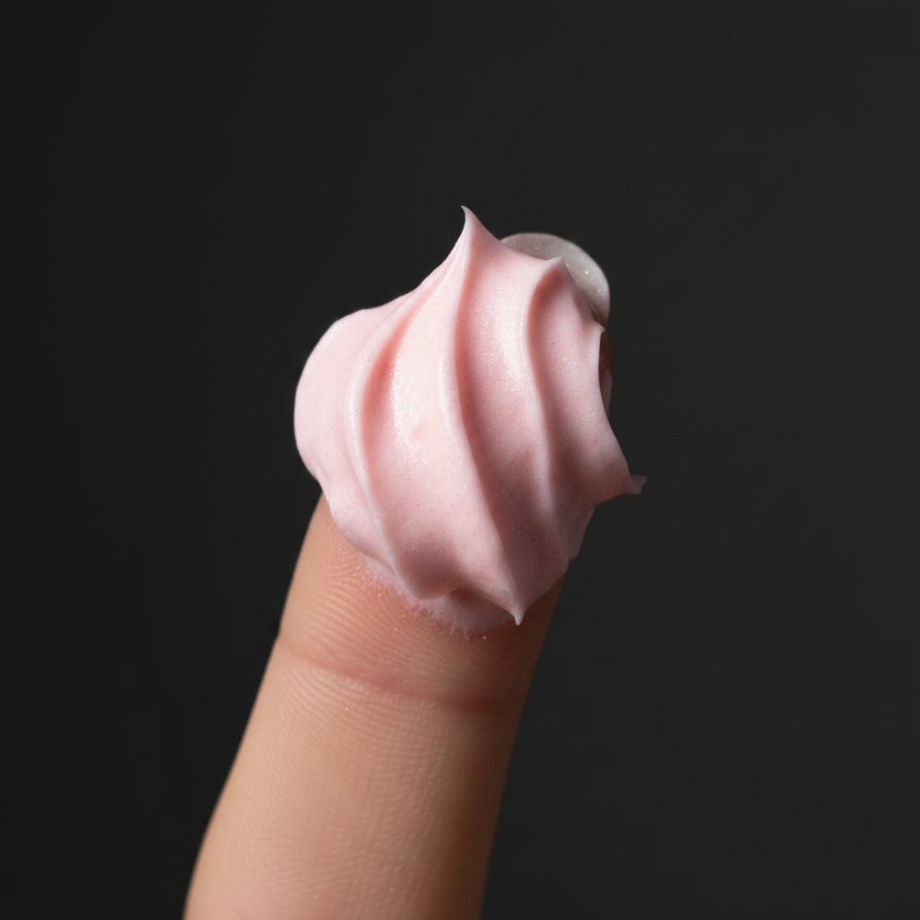 Pink whipped cream on a finger against a black background