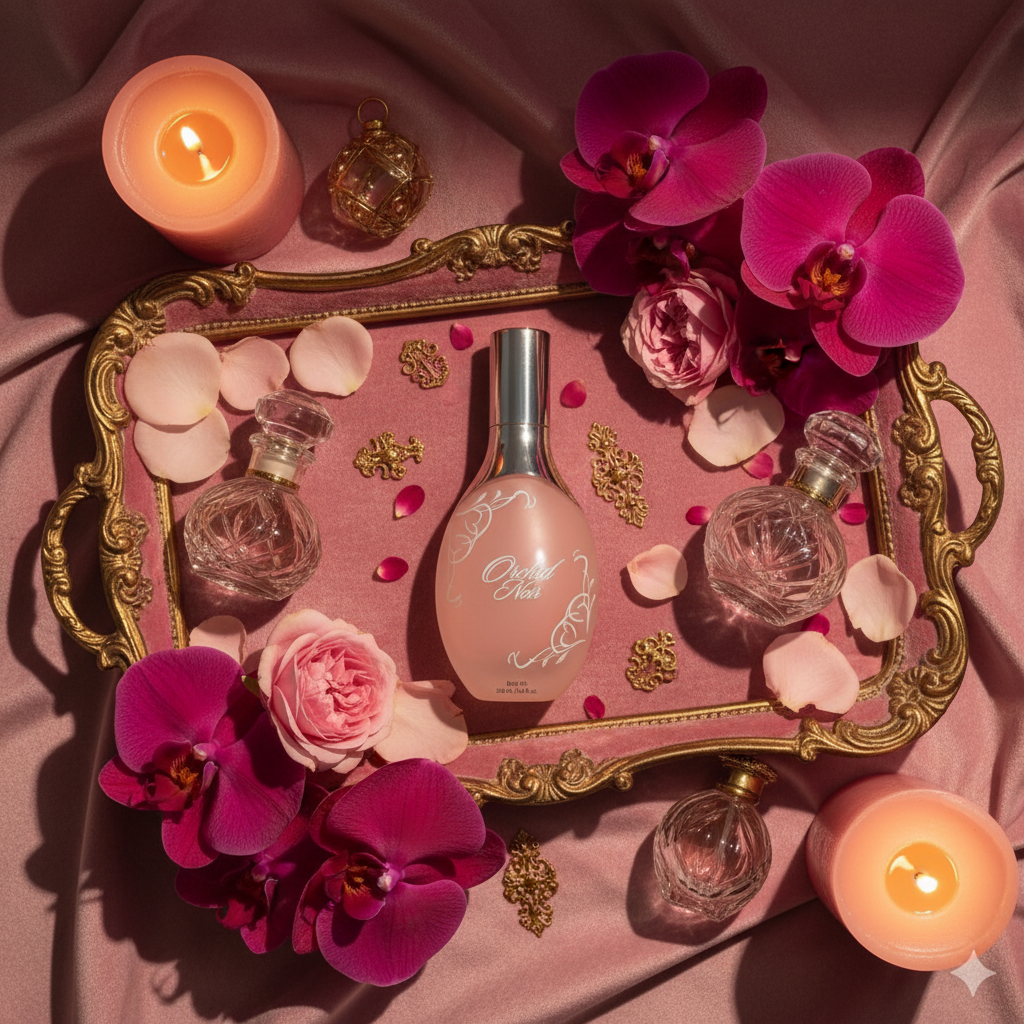 Perfume bottle on a decorative tray with flowers and candles on a pink fabric background