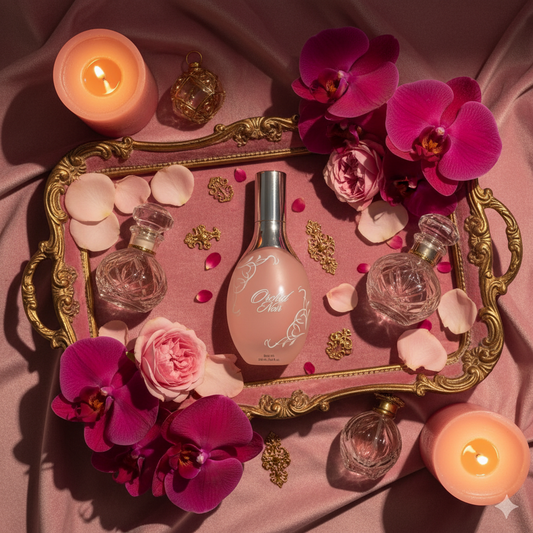 Perfume bottle on a decorative tray with flowers and candles on a pink fabric background