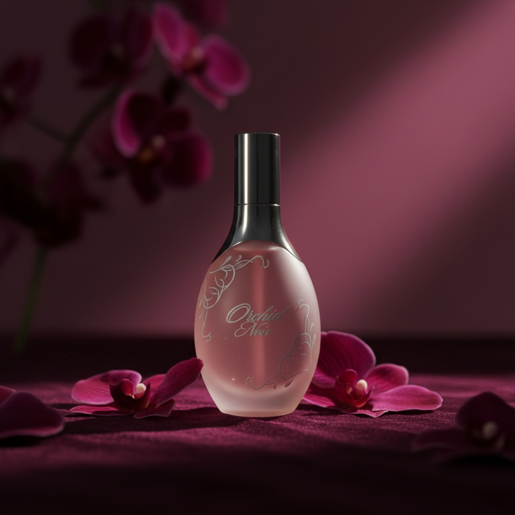 Perfume bottle with pink orchids on a dark background