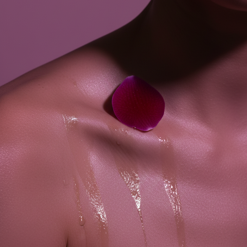 Close-up of a person's chest with a pink flower on a purple background