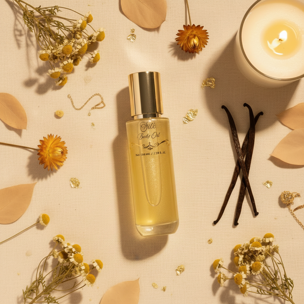 Two bottles of Silk's Better Oils with vanilla beans and dried flowers on a beige background