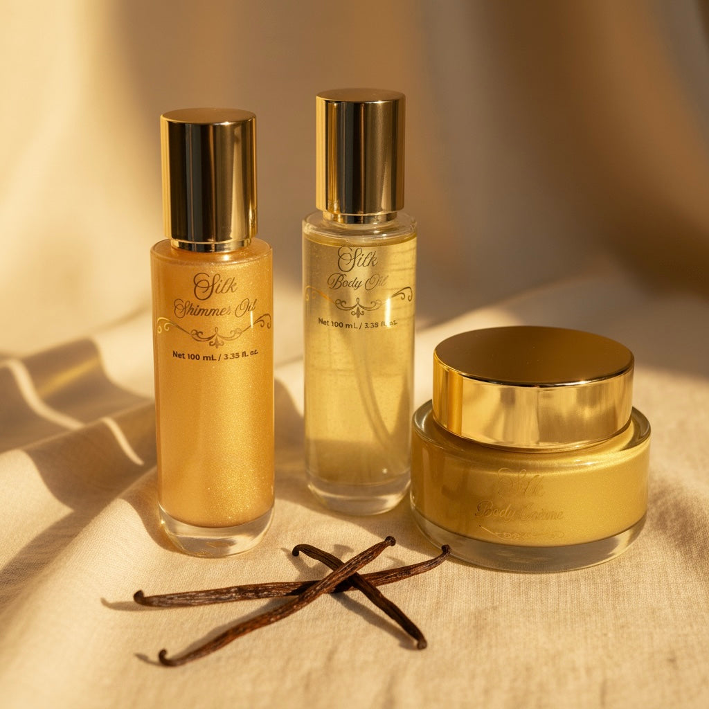Three gold and clear cosmetic bottles with a vanilla bean on a beige surface