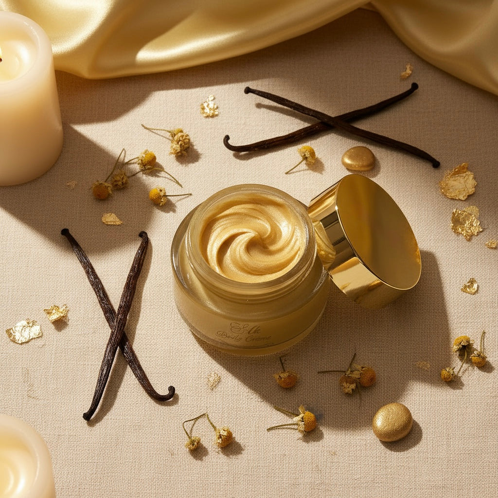 Vanilla-flavored cream jar with vanilla beans and flowers on a beige fabric background
