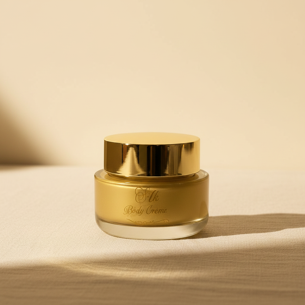 Gold jar of body crème on a beige background