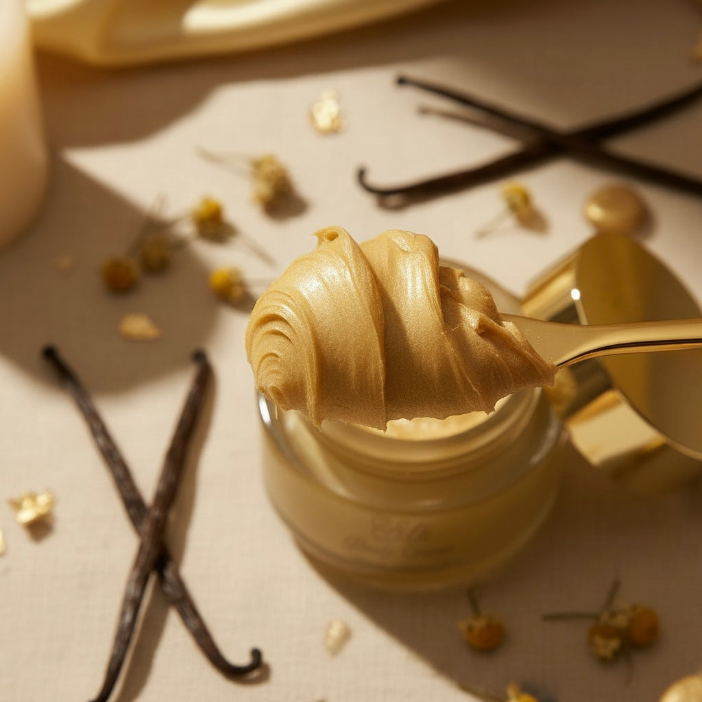 Vanilla bean paste in a jar with a spoonful on top, surrounded by vanilla beans.