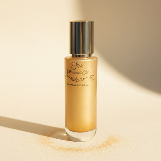 Silk Shimmer Oil bottle on a beige background