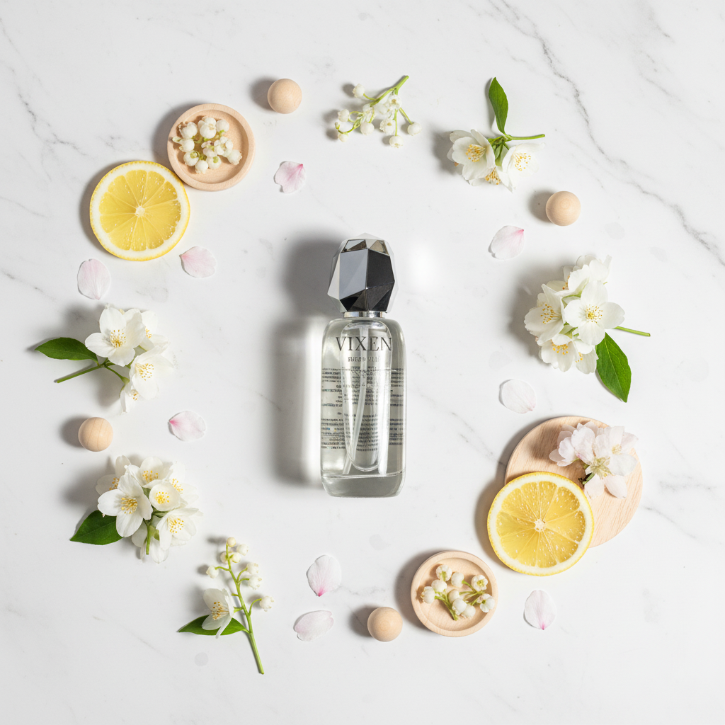 Viktor & Rolf flowerbomb perfume bottle surrounded by lemons and flowers on a marble surface