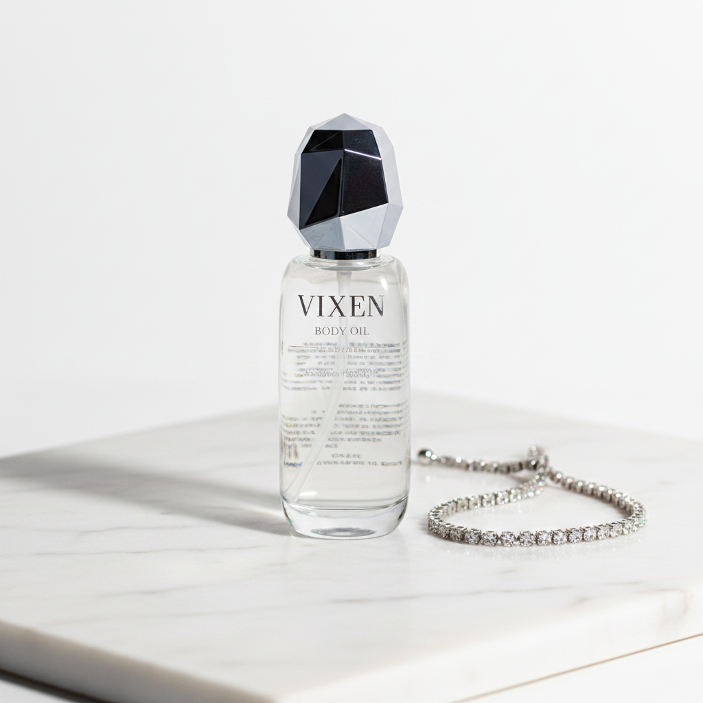 Vixen body oil bottle with a geometric cap on a white surface