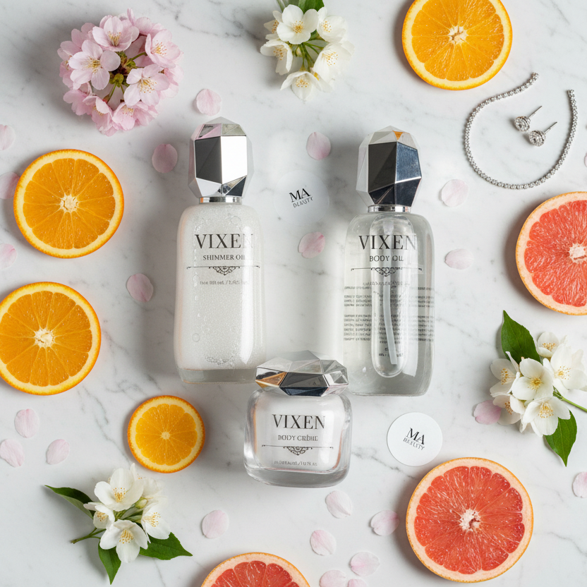 Vixe skincare products with fruits and flowers on a light background