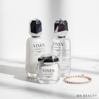 Vixen skincare products with a bracelet on a white background