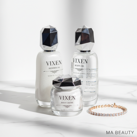 Vixen skincare products with a bracelet on a white background