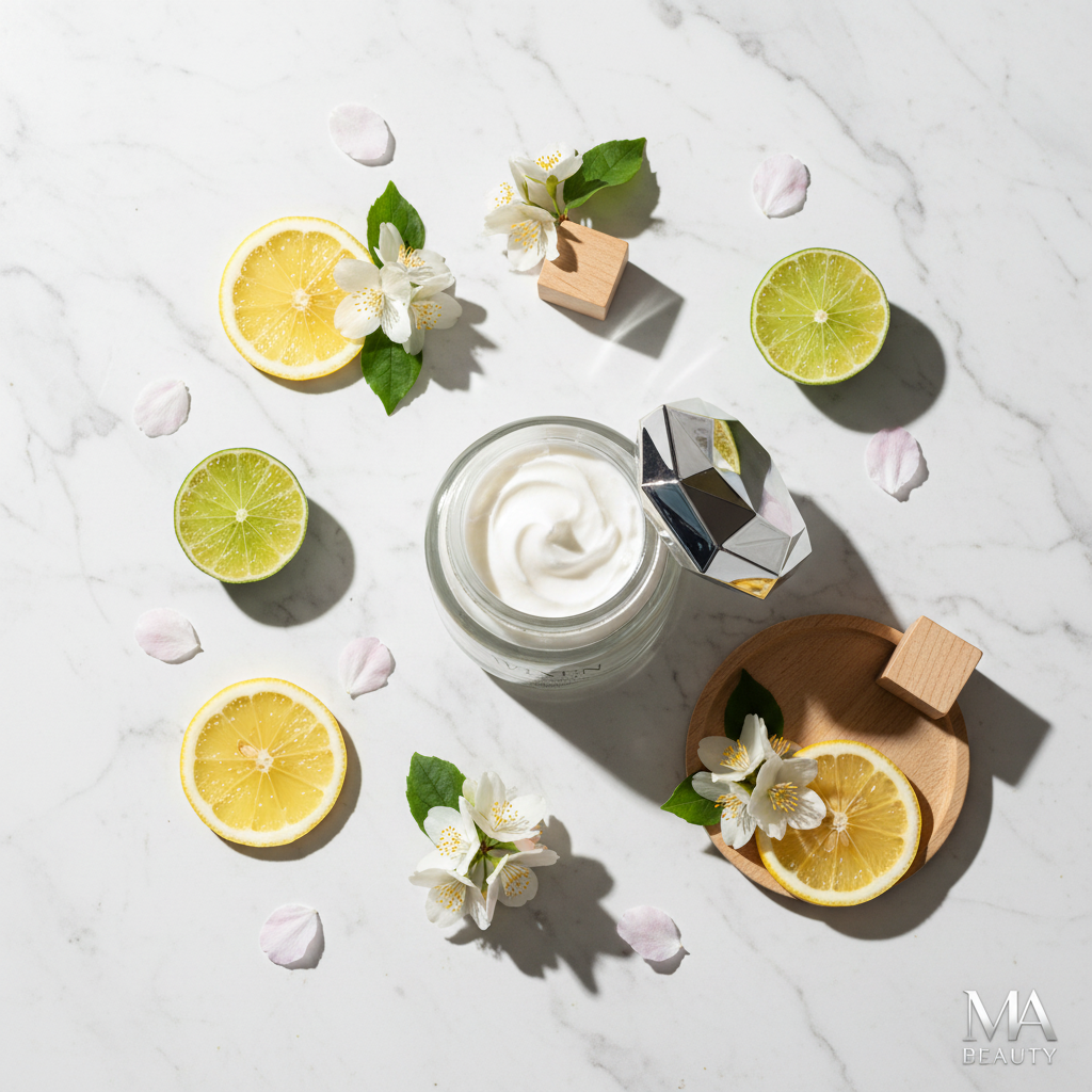 Jar of cream surrounded by lemons, limes, and flowers on a light background