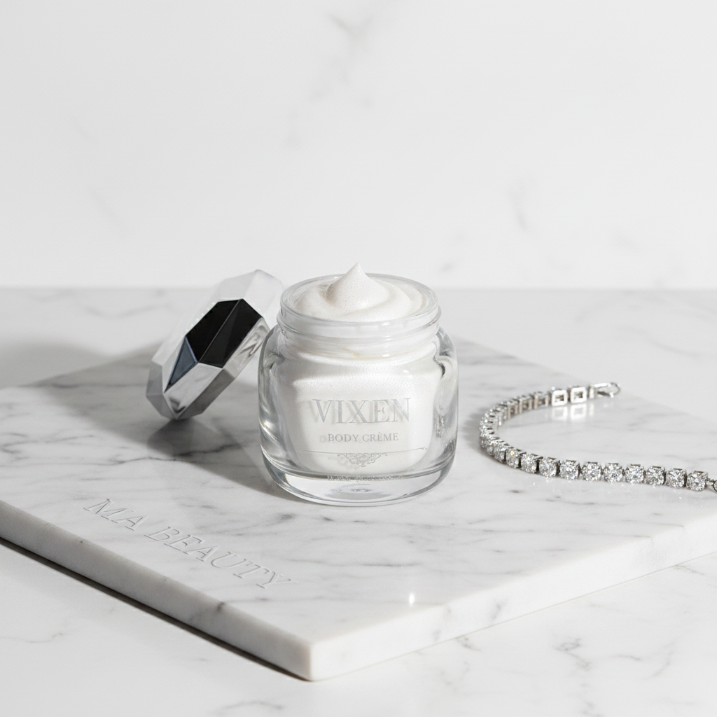 VIXEN cream jar with a silver spoon and bracelet on a marble surface