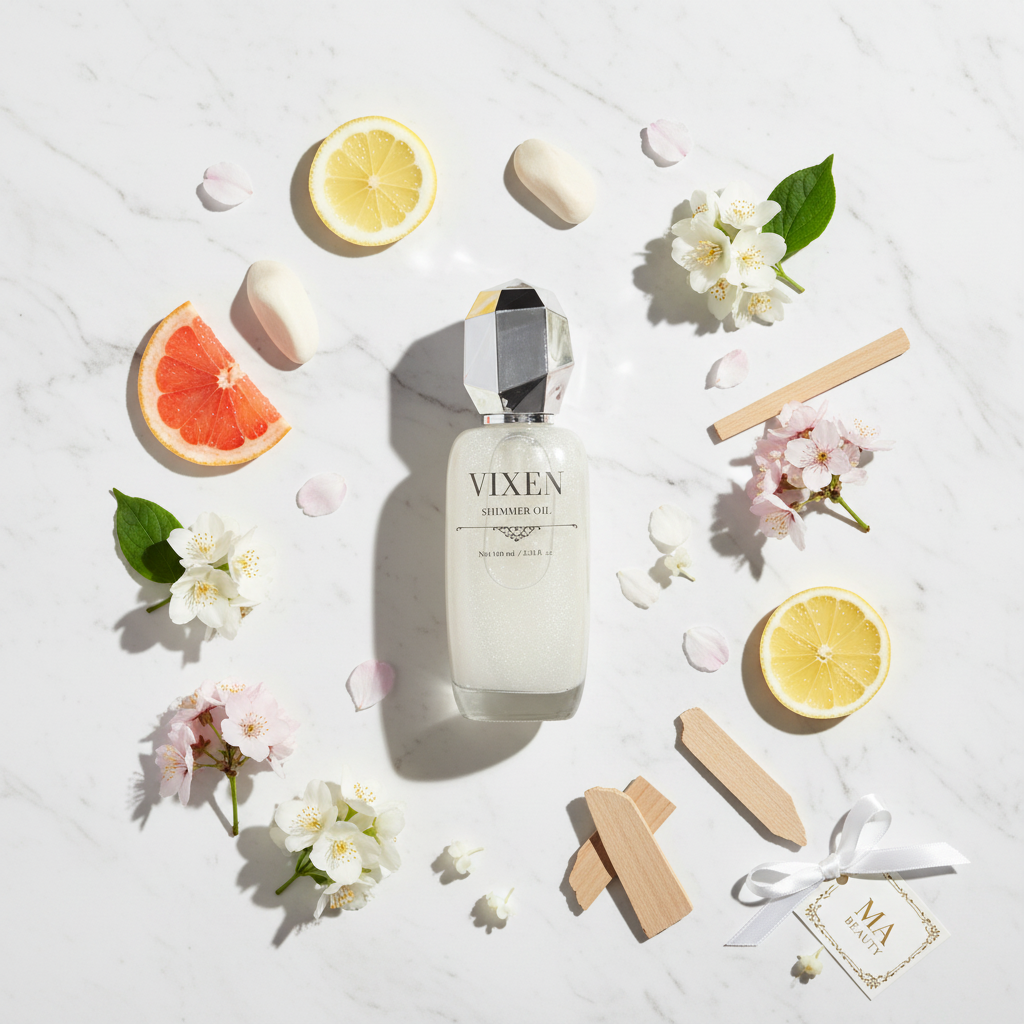 VIXEN body oil bottle surrounded by lemons, flowers, and other decorative items on a light background