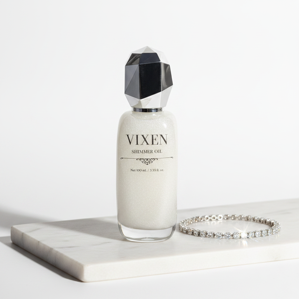Vixen shimmer oil bottle with geometric cap on a white surface, next to a bracelet.