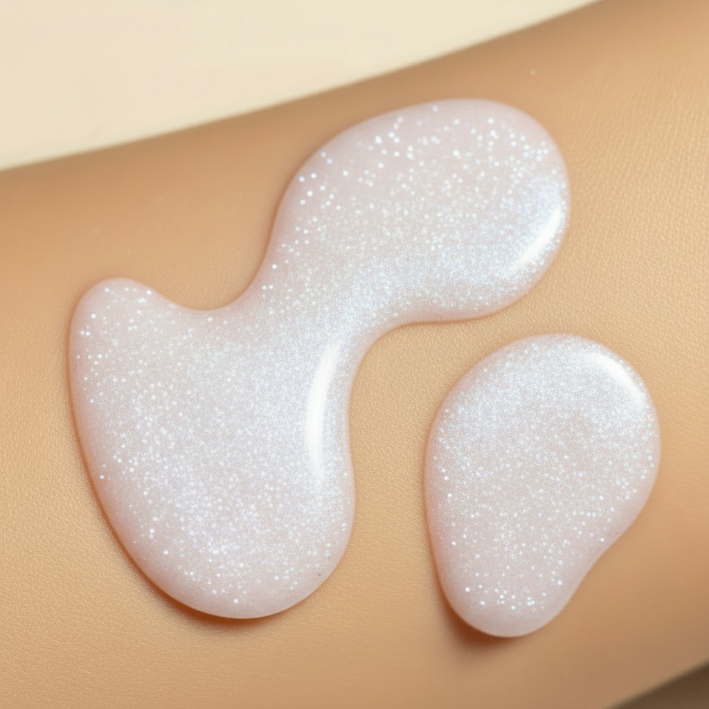 Two glittery cream swatches on a person's arm