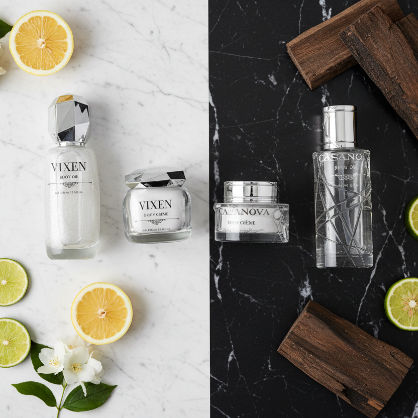 Cosmetic products with lemons and flowers on a white surface, and similar products on a dark surface with wooden elements.