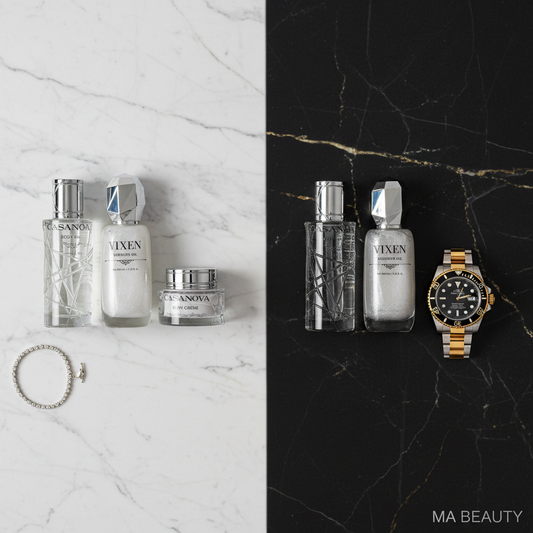 Cosmetic products and a watch on a marble surface with 'MA BEAUTY' branding.