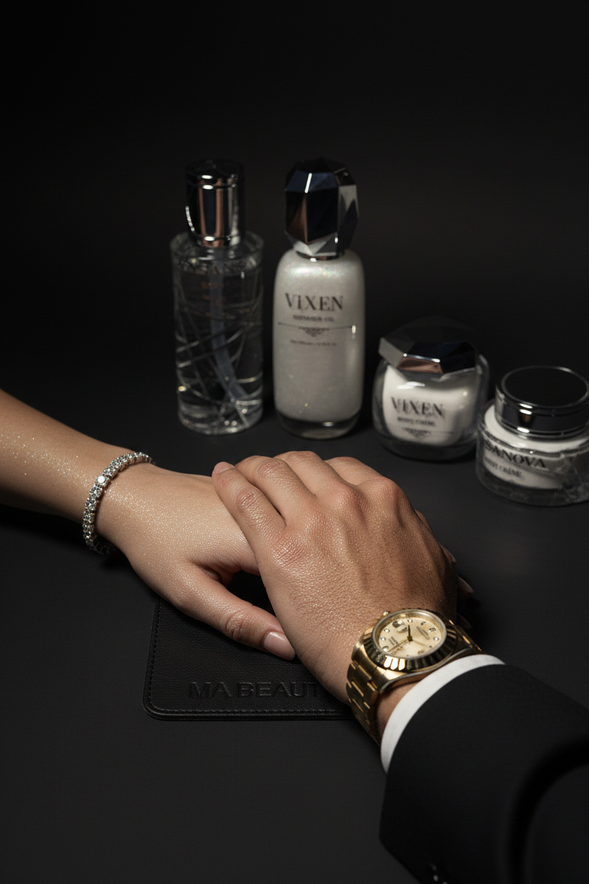 Two hands with a gold watch and bracelet, surrounded by Vixen products on a dark surface.