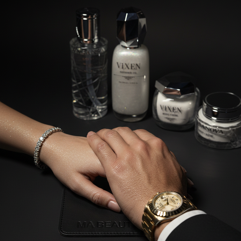 Two hands with a gold watch and bracelet, surrounded by Vixen products on a dark surface.
